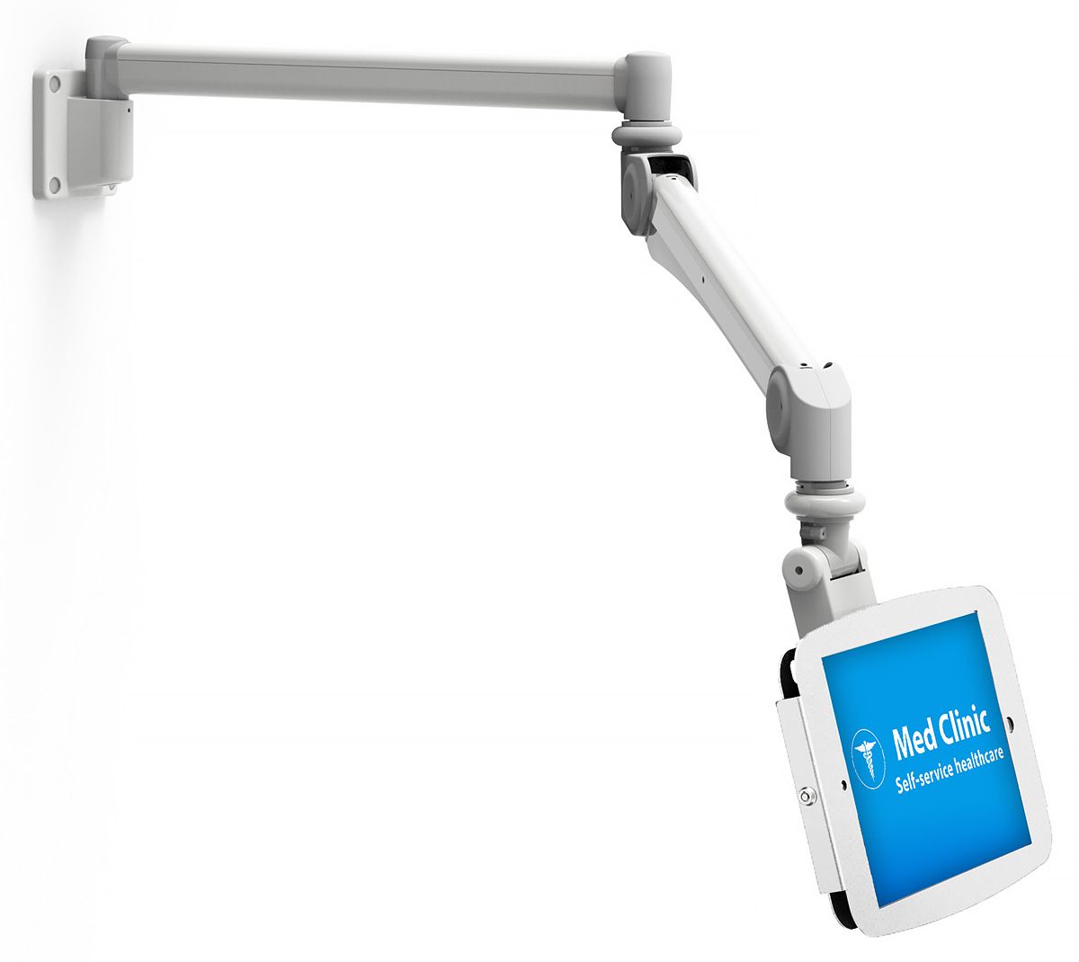 Медицинско рамо за монитор Maclocks Reach в разгънато положение над болнично легло – специализирано решение от Синтегра Партнерс